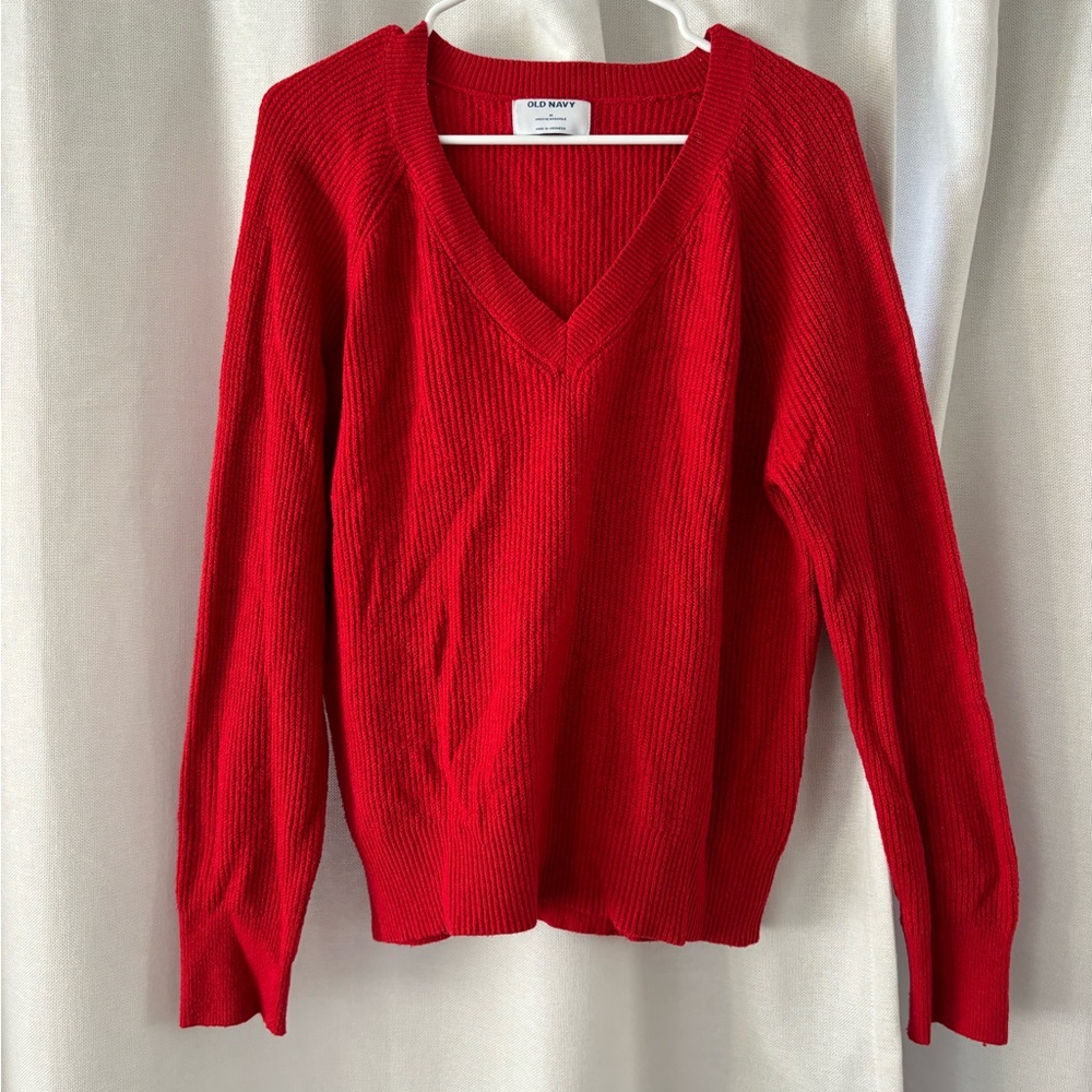 Old Navy Red V-Neck Sweater Cozy Pullover